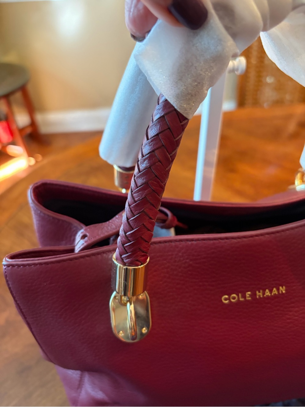 NWT Cole Haan “Benson” Leather Tote with Braided Handles In Zinfandel - Picture 3 of 14